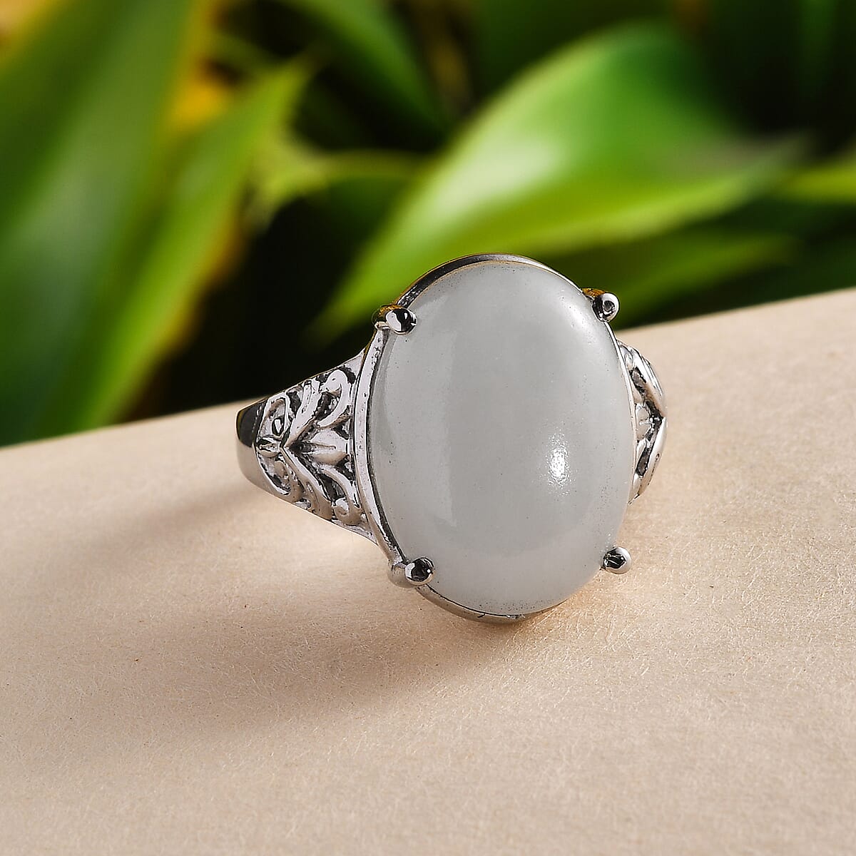 White Jade Solitaire 11.90 ctw Ring in Stainless Steel (Size 10.0)  image number 1