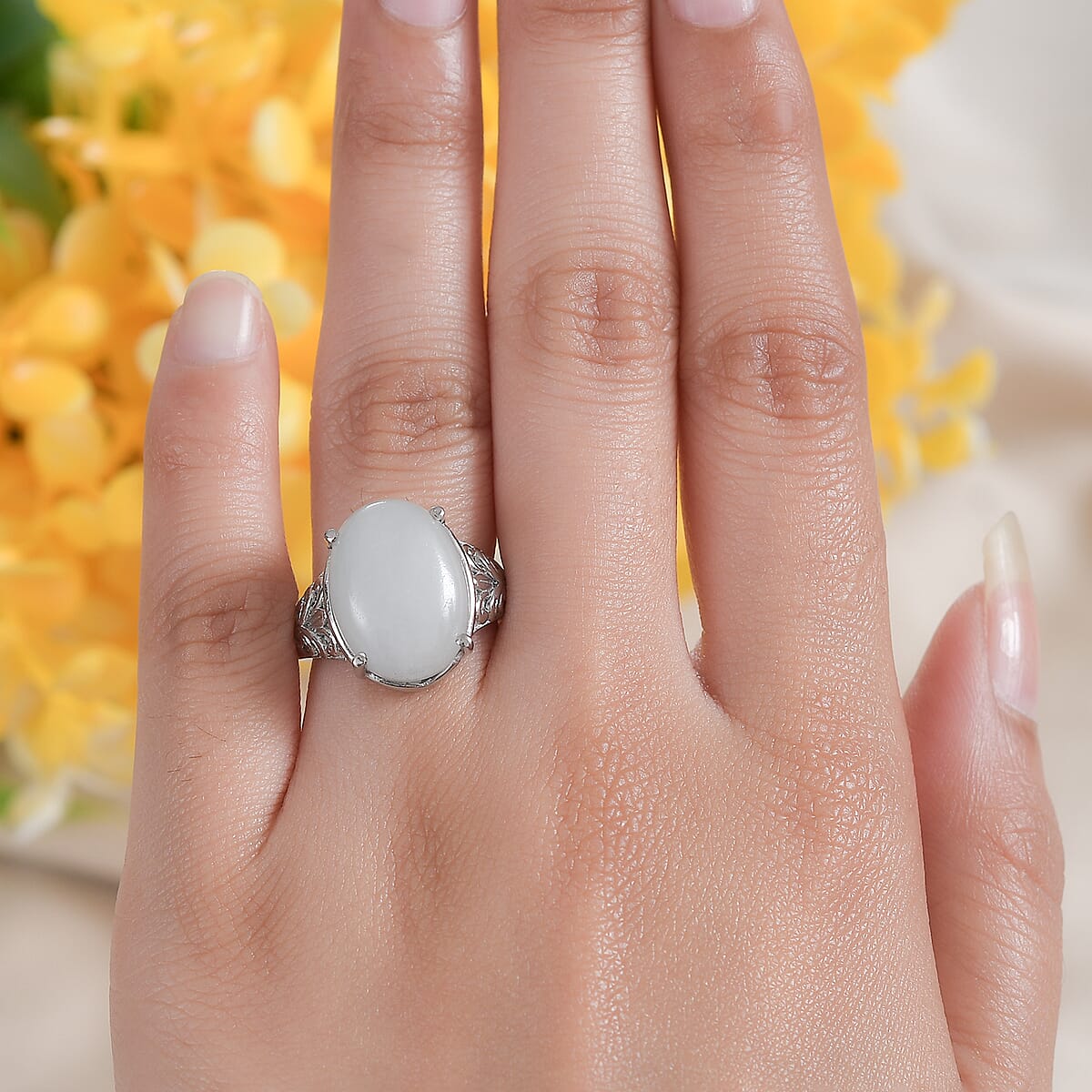 White Jade Solitaire 11.90 ctw Ring in Stainless Steel (Size 6.0)  image number 2