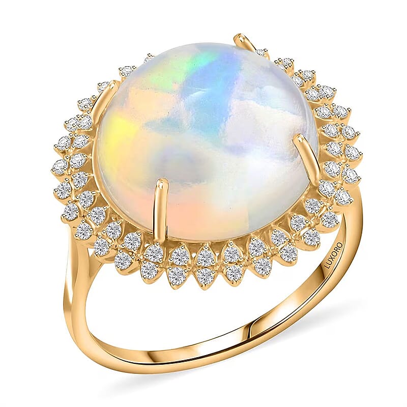 Certified and Appraised Luxoro AAA Ethiopian Welo Opal and G-H I2 Diamond 8.10 ctw Ring in 14K Yellow Gold (Size 6.0) 5.10 Grams