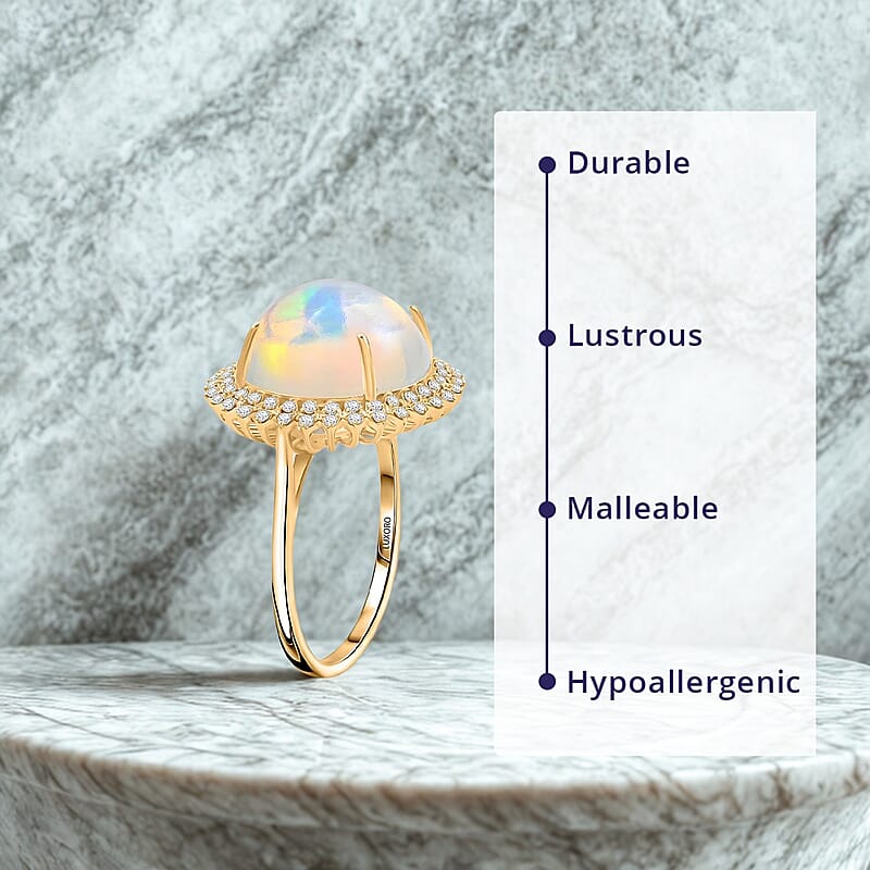 Certified and Appraised Luxoro AAA Ethiopian Welo Opal and G-H I2 Diamond 8.10 ctw Ring in 14K Yellow Gold (Size 7.0) 5.10 Grams