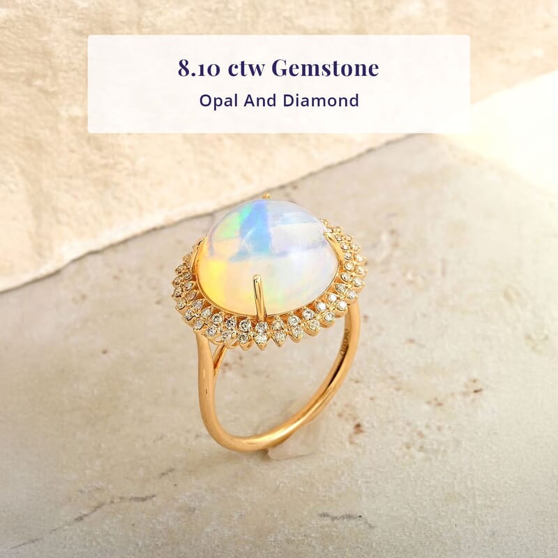 Certified and Appraised Luxoro AAA Ethiopian Welo Opal and G-H I2 Diamond 8.10 ctw Ring in 14K Yellow Gold (Size 7.0) 5.10 Grams
