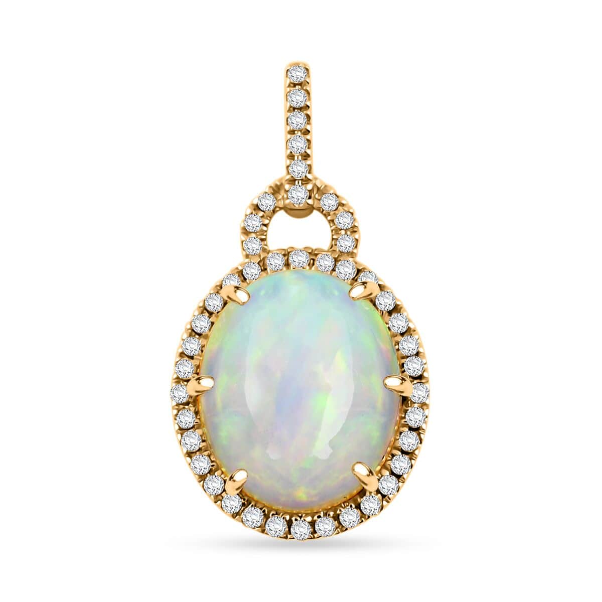 Certified & Appraised Luxoro AAA Ethiopian Welo Opal and G-H I2 Diamond Pendant in 10K Yellow Gold 3.60 ctw image number 0