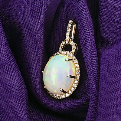 Certified & Appraised Luxoro AAA Ethiopian Welo Opal and G-H I2 Diamond Pendant without Chain in 10K Yellow Gold 3.60 ctw