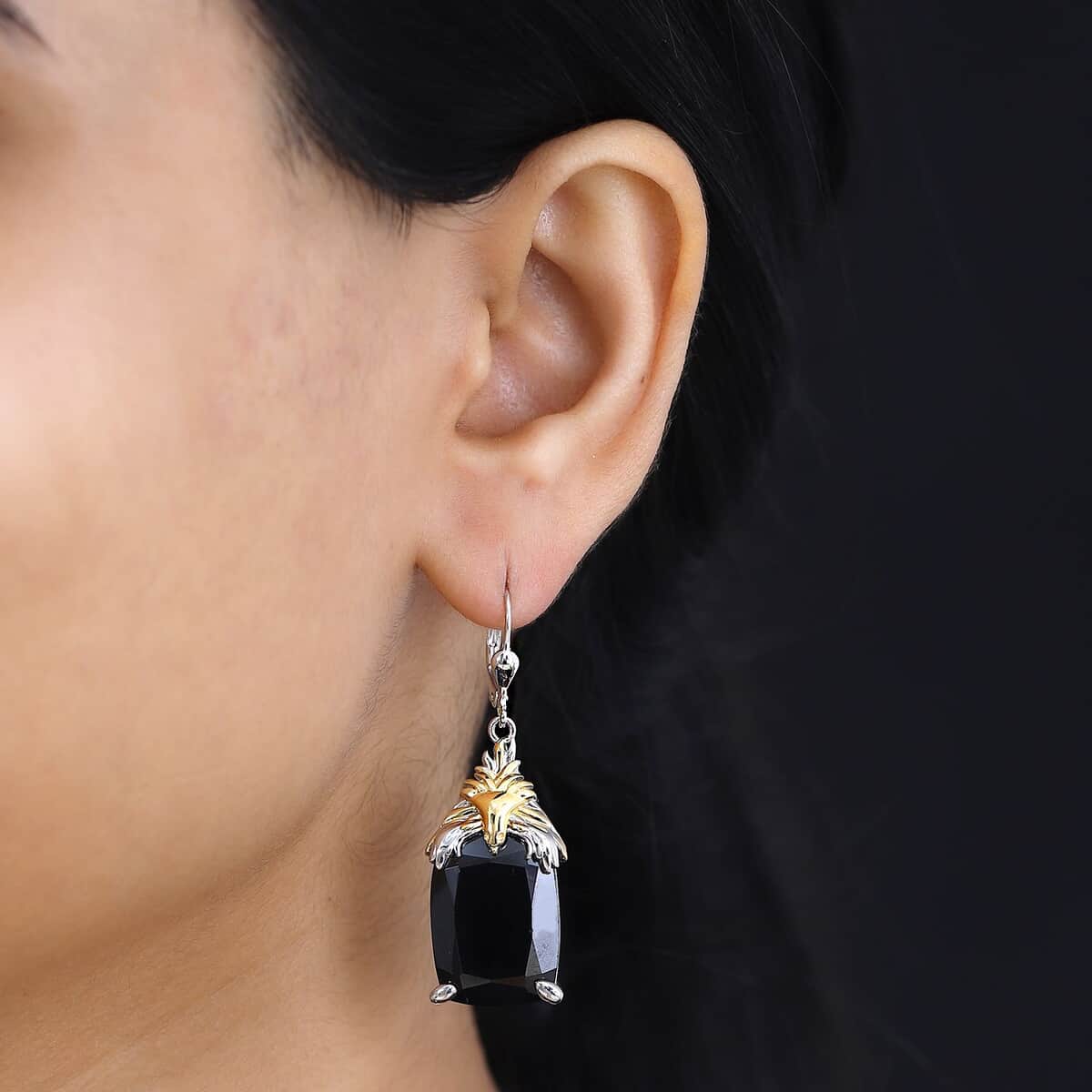 Thai Black Spinel 45.30 ctw Phoenix Earrings in 18K Vermeil YG and Rhodium Over Sterling Silver  image number 2