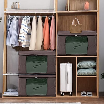 Set of 3 Brown Non-Woven Fabric Storage Bag with Clear Window