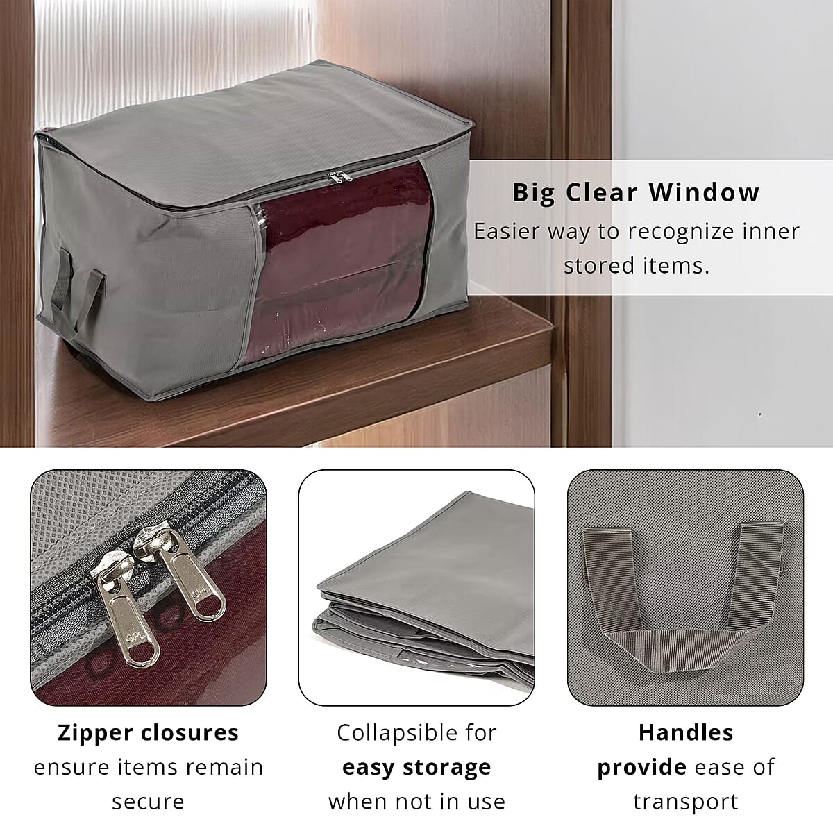 Set of 3 Dark Gray Non-Woven Fabric Storage Bag with Clear Window image number 2