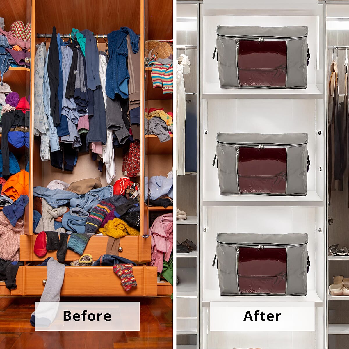 Set of 3 Dark Gray Non-Woven Fabric Storage Bag with Clear Window image number 3