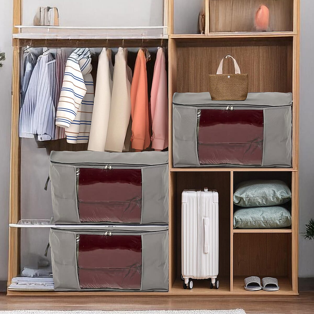 Set of 3 Dark Gray Non-Woven Fabric Storage Bag with Clear Window image number 5