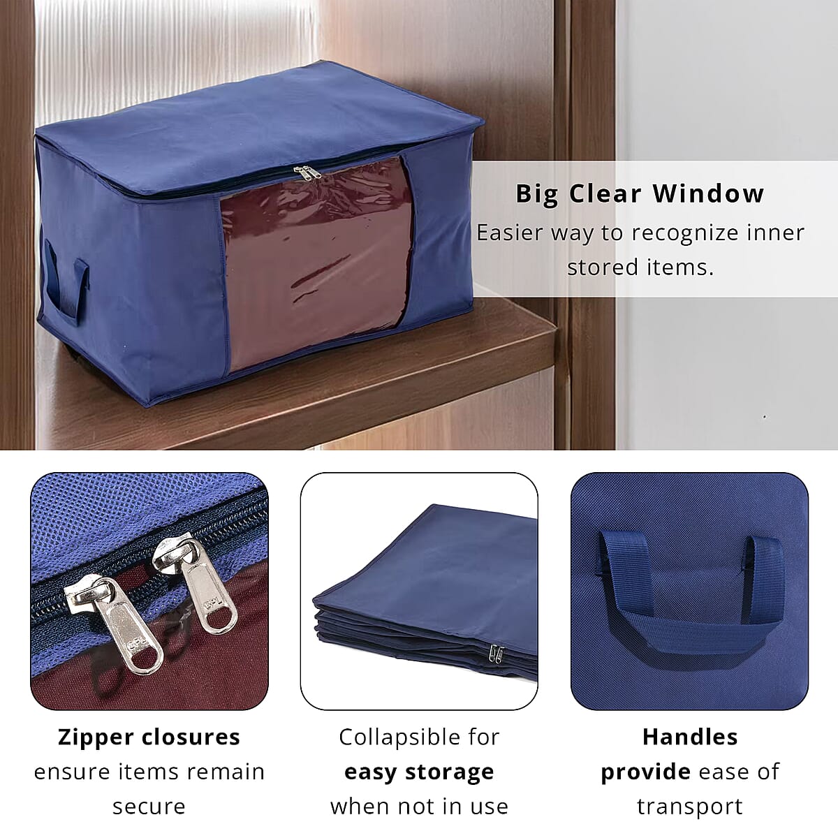 Set of 3 Navy Non-Woven Fabric Storage Bag with Clear Window image number 2