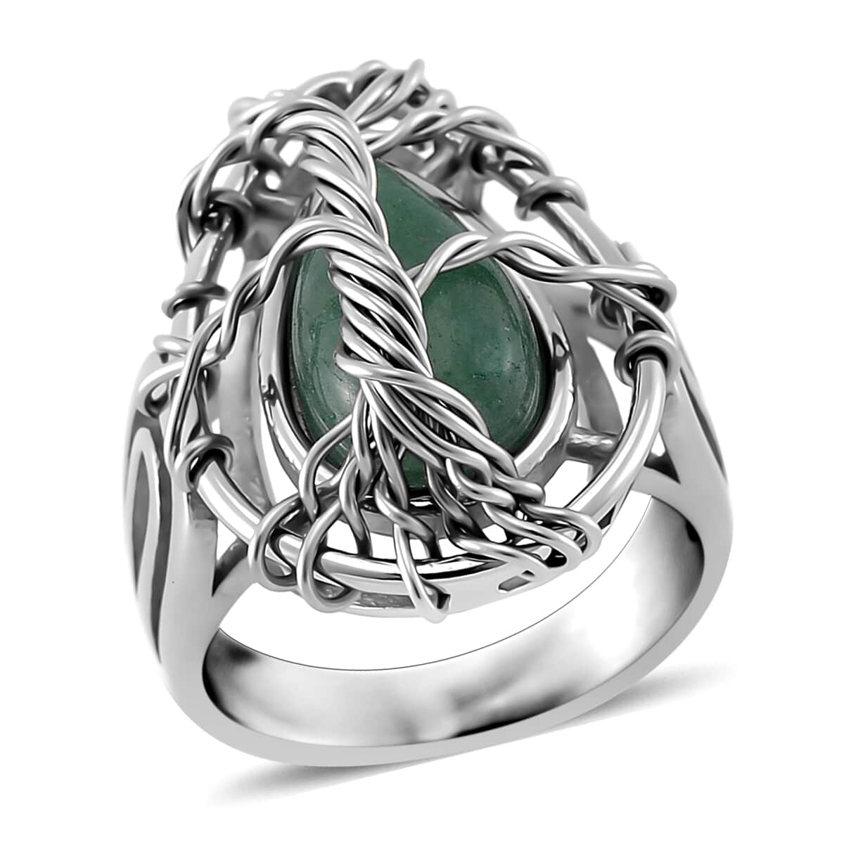 Green Aventurine 2.00 ctw Tree of Life Ring in Stainless Steel (Size 10.0) image number 0