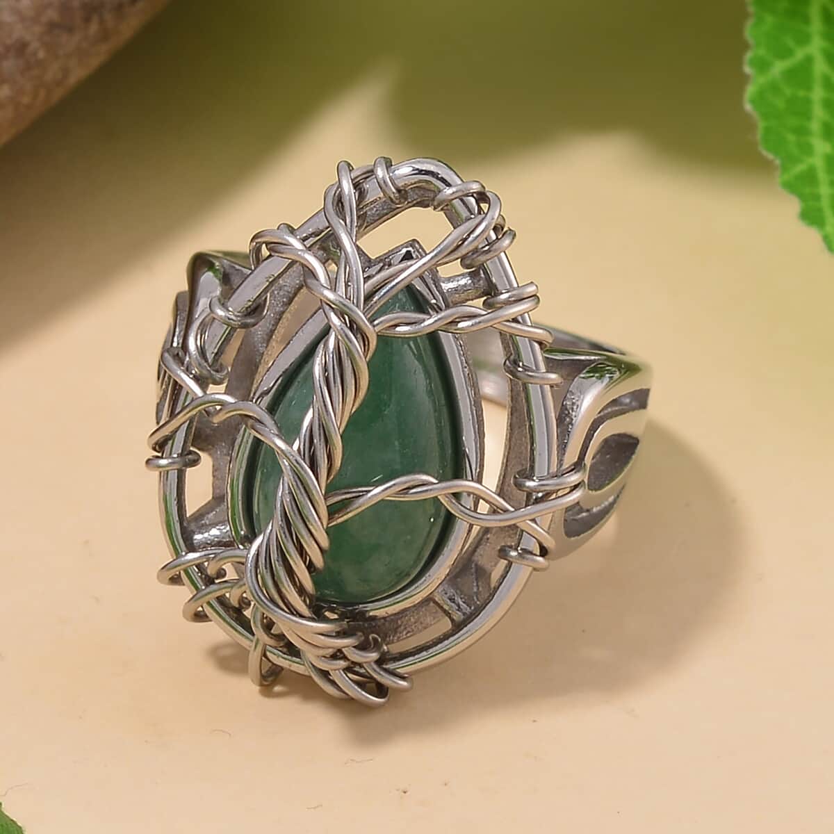 Green Aventurine 2.00 ctw Tree of Life Ring in Stainless Steel (Size 10.0) image number 1