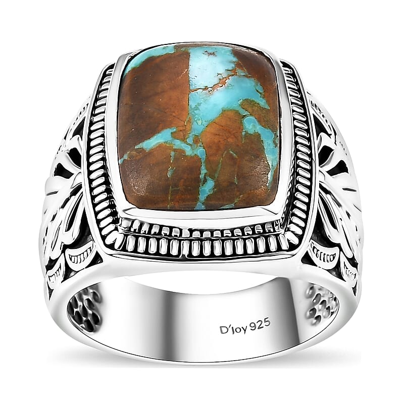 D'Joy Artisan Crafted Royston Turquoise 10.25 ctw Feather Men's Ring in Sterling Silver (Size 10.0)