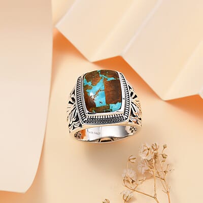 D'Joy Artisan Crafted Royston Turquoise 10.25 ctw Feather Men's Ring in Sterling Silver (Size 10.0)