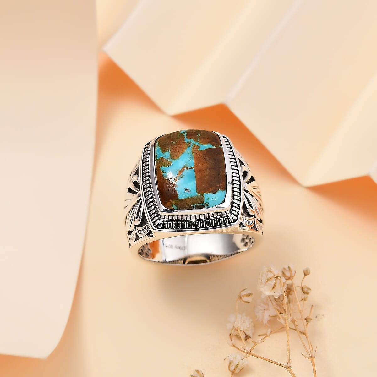 Artisan Crafted Royston Turquoise 10.25 ctw Feather Men's Ring in Sterling Silver (Size 13.0) image number 1