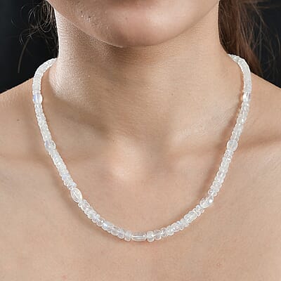 AAA Moon Glow Moonstone 100.00 ctw Beaded Moonlight Necklace in Rhodium Over Sterling Silver 18-20 Inches