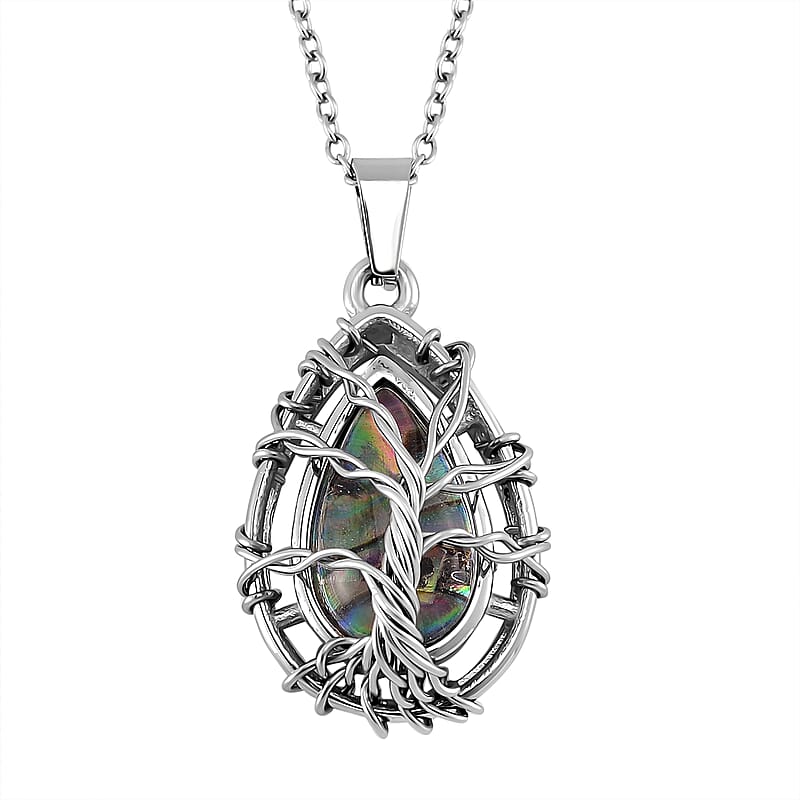 Abalone Shell Tree of Life Pendant Necklace in Stainless Steel 20-22 Inches
