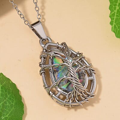 Abalone Shell Tree of Life Pendant Necklace in Stainless Steel 20-22 Inches