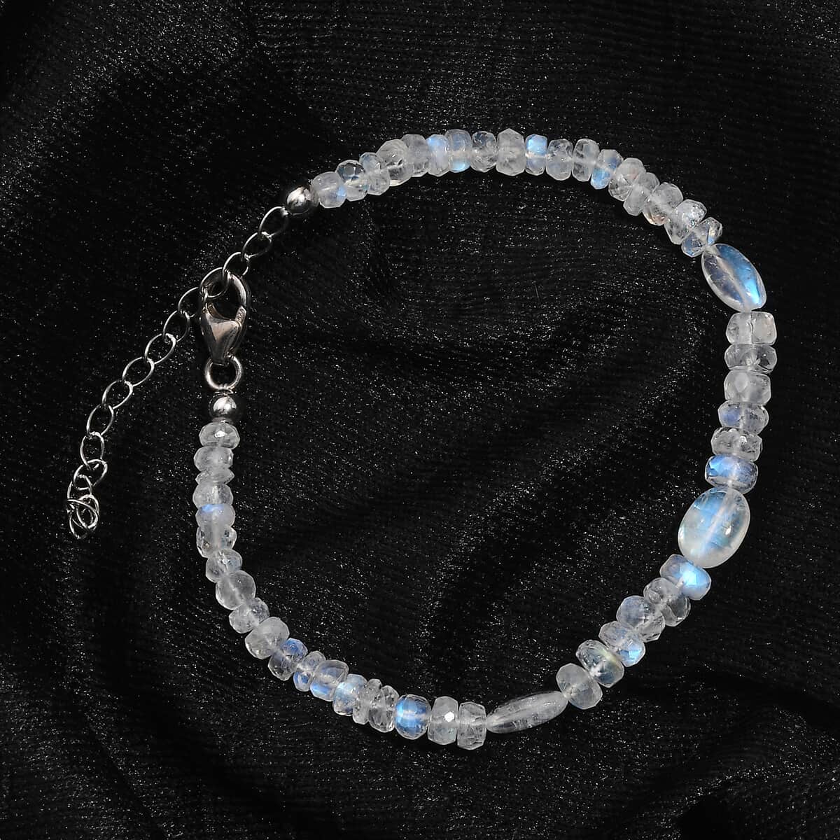 AAA Moon Glow Moonstone 37.00 ctw Beaded Moonlight Bracelet in Rhodium Over Sterling Silver (7.25-9.25In) image number 1