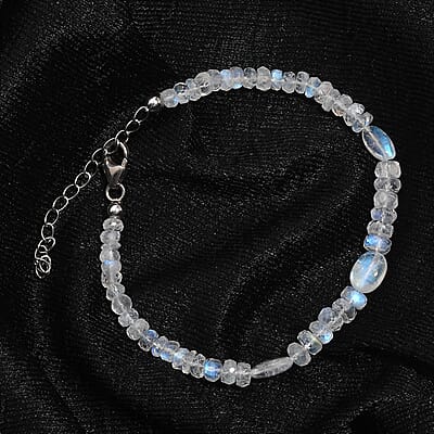 AAA Moon Glow Moonstone 37.00 ctw Beaded Moonlight Bracelet in Rhodium Over Sterling Silver (7.25-9.25In)