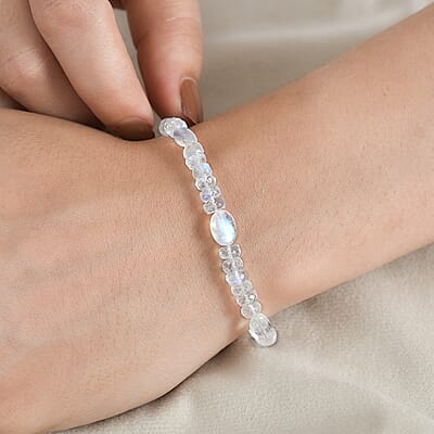 AAA Moon Glow Moonstone 37.00 ctw Beaded Moonlight Bracelet in Rhodium Over Sterling Silver (7.25-9.25In)