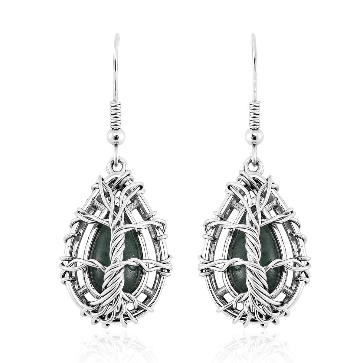 Green Aventurine 3.00 ctw Tree of Life Earrings in Stainless Steel image number 0