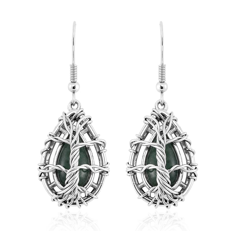 Green Aventurine 3.00 ctw Tree of Life Earrings in Stainless Steel