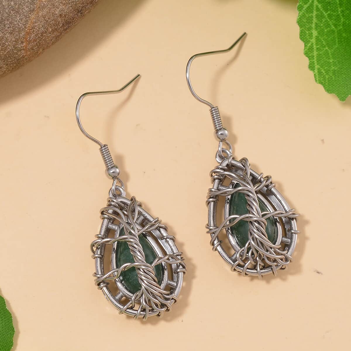 Green Aventurine 3.00 ctw Tree of Life Earrings in Stainless Steel image number 1