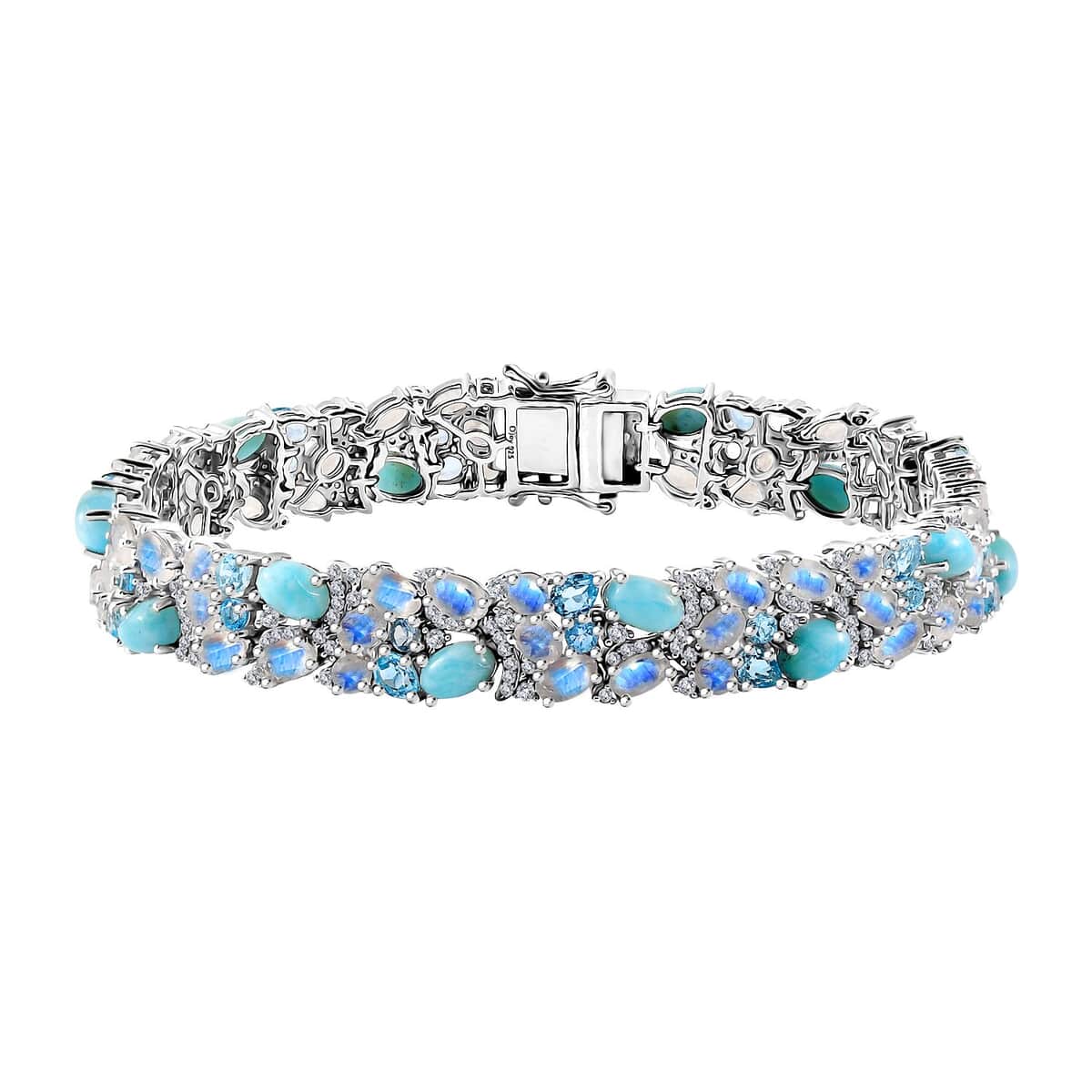 Premium Larimar and Multi Gemstone 24.90 ctw River Rocks Carpet Bracelet in Rhodium Over Sterling Silver (8.00 In) image number 0