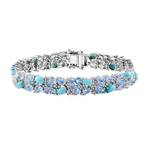 Premium Larimar and Multi Gemstone 24.90 ctw River Rocks Carpet Bracelet in Rhodium Over Sterling Silver (8.00 In)