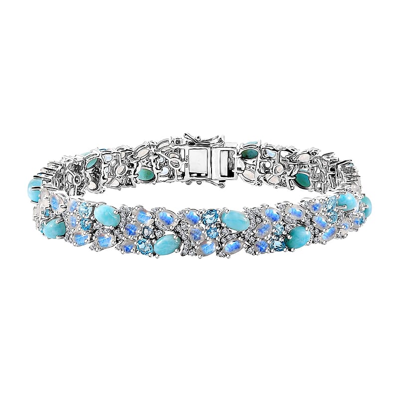 D'Joy Premium Larimar and Multi Gemstone 24.90 ctw River Rocks Carpet Bracelet in Rhodium Over Sterling Silver (8.00 In)