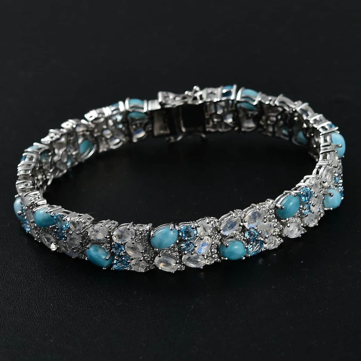 Premium Larimar and Multi Gemstone 24.90 ctw River Rocks Carpet Bracelet in Rhodium Over Sterling Silver (8.00 In) image number 2