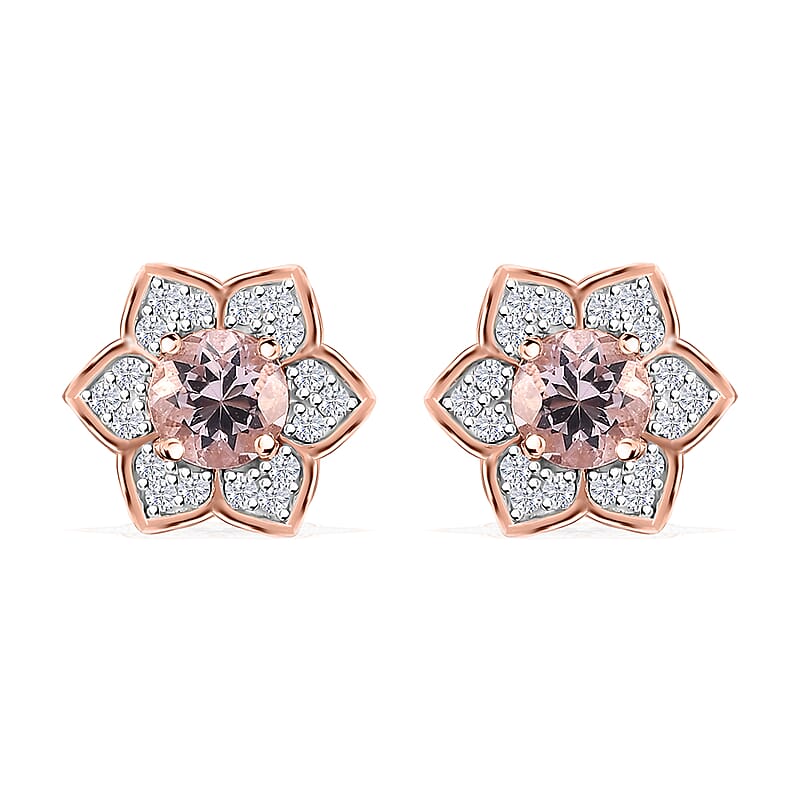 Pink Morganite and Moissanite 1.40 ctw Bloom Flower Earrings in 18K Vermeil Rose Gold Over Sterling Silver