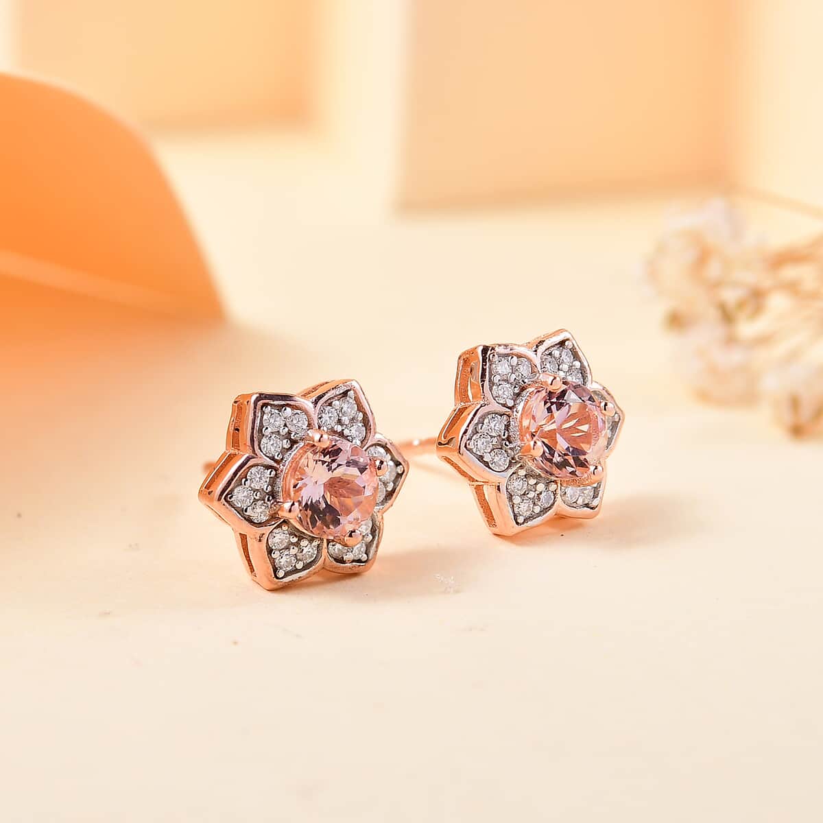 Pink Morganite and Moissanite 1.40 ctw Bloom Flower Earrings in 18K Vermeil Rose Gold Over Sterling Silver image number 1