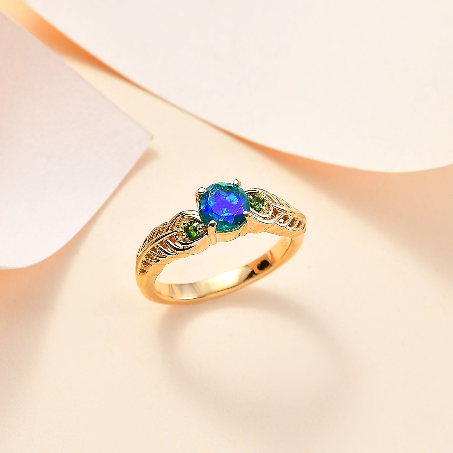 Peacock Quartz (Triplet) and Chrome Diopside 1.10 ctw Ring in 18K Vermeil Yellow Gold Over Sterling Silver (Size 11.5)