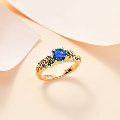 Peacock Quartz (Triplet) and Chrome Diopside 1.10 ctw Ring in 18K Vermeil Yellow Gold Over Sterling Silver (Size 11.5)