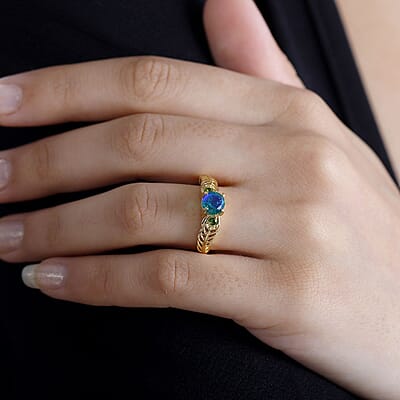 Peacock Quartz (Triplet) and Chrome Diopside 1.10 ctw Ring in 18K Vermeil Yellow Gold Over Sterling Silver (Size 11.5)