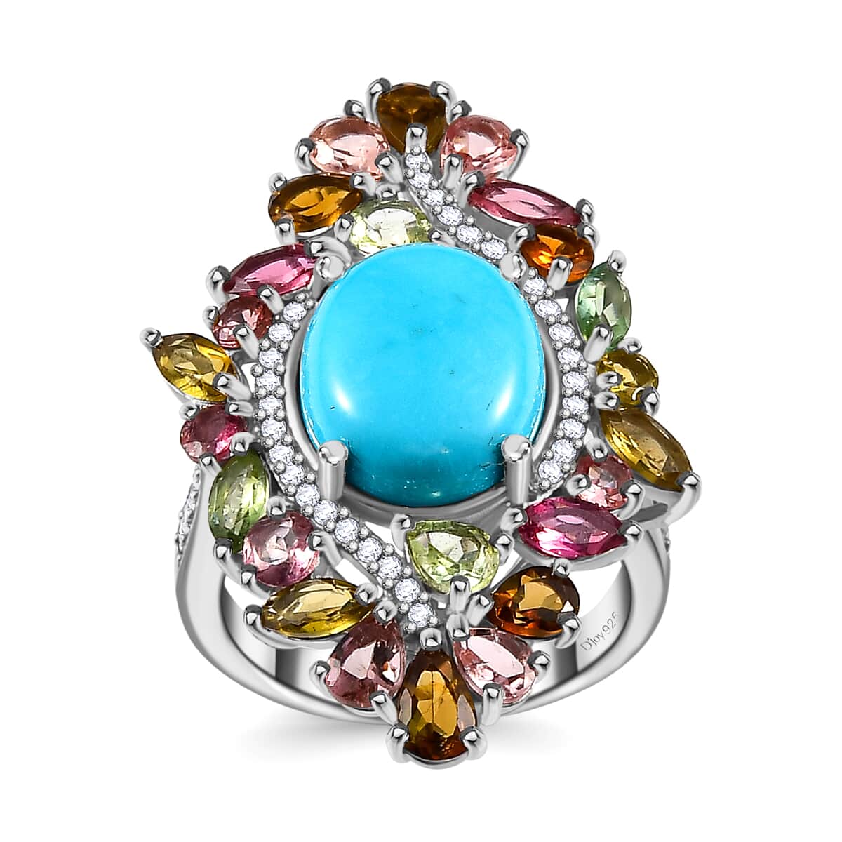 Premium Sleeping Beauty Turquoise and Multi Gemstone 7.90 ctw Forest Bloom Ring in Rhodium Over Sterling Silver (Size 10.0) image number 0