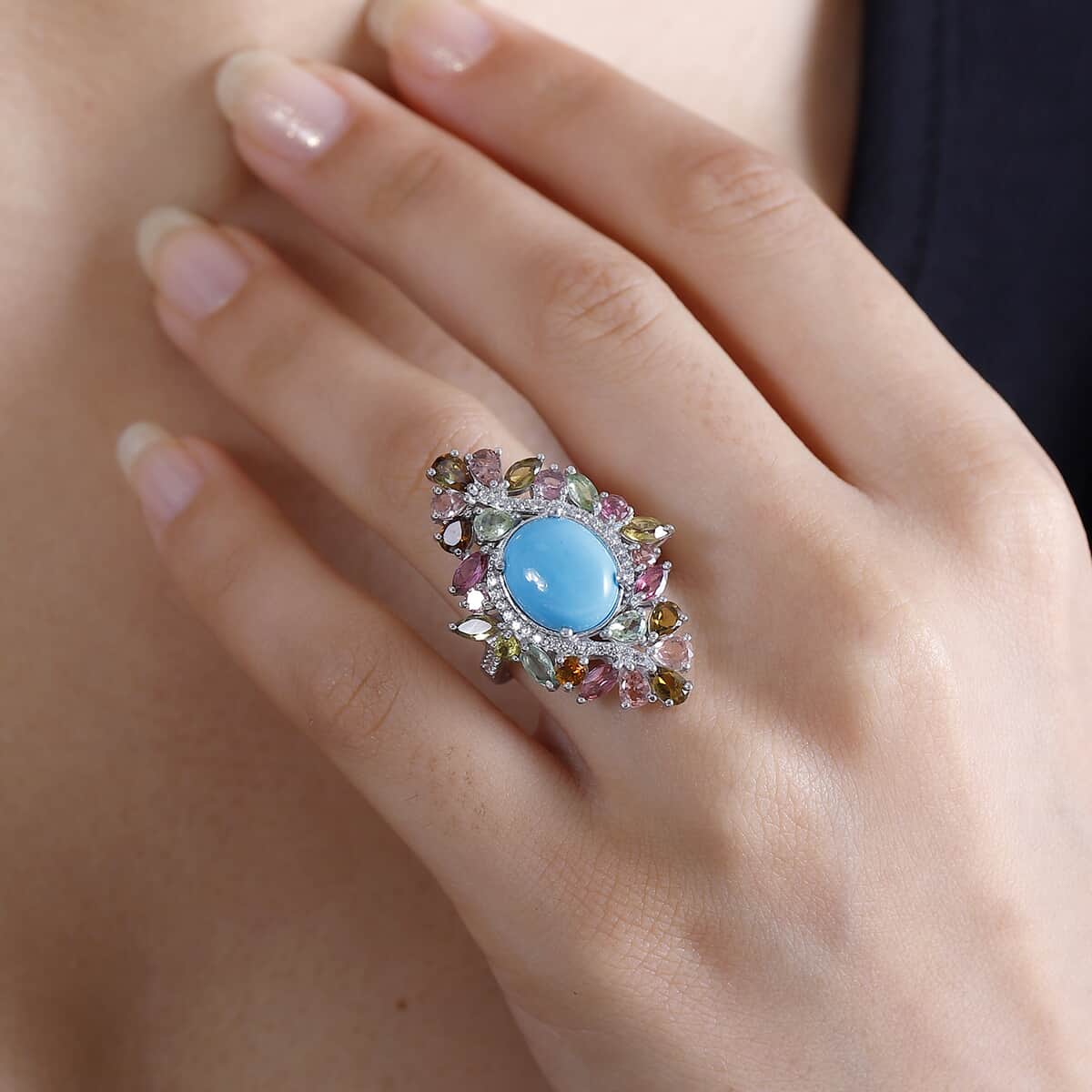 Premium Sleeping Beauty Turquoise and Multi Gemstone 7.90 ctw Forest Bloom Ring in Rhodium Over Sterling Silver (Size 10.0) image number 2