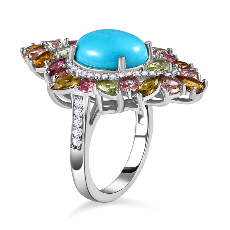D'Joy Premium Sleeping Beauty Turquoise and Multi Gemstone 7.90 ctw Forest Bloom Ring in Rhodium Over Sterling Silver (Size 10.0)