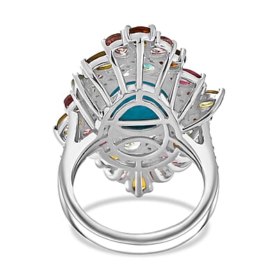 D'Joy Premium Sleeping Beauty Turquoise and Multi Gemstone 7.90 ctw Forest Bloom Ring in Rhodium Over Sterling Silver (Size 10.0)