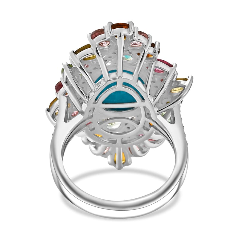 D'Joy Premium Sleeping Beauty Turquoise and Multi Gemstone 7.90 ctw Forest Bloom Ring in Rhodium Over Sterling Silver (Size 10.0)