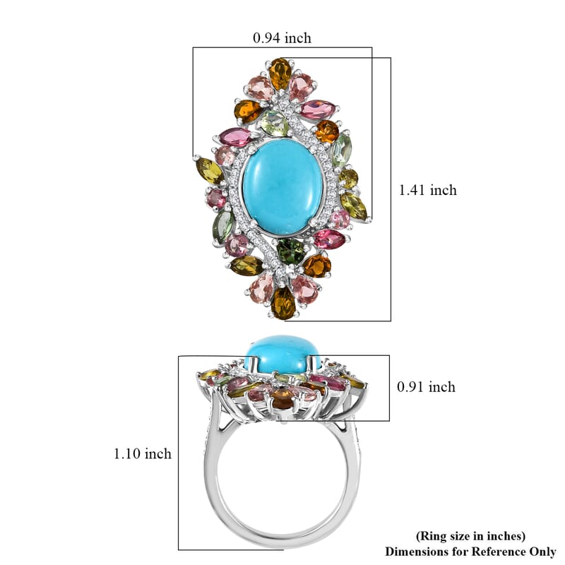 D'Joy Premium Sleeping Beauty Turquoise and Multi Gemstone 7.90 ctw Forest Bloom Ring in Rhodium Over Sterling Silver (Size 10.0)