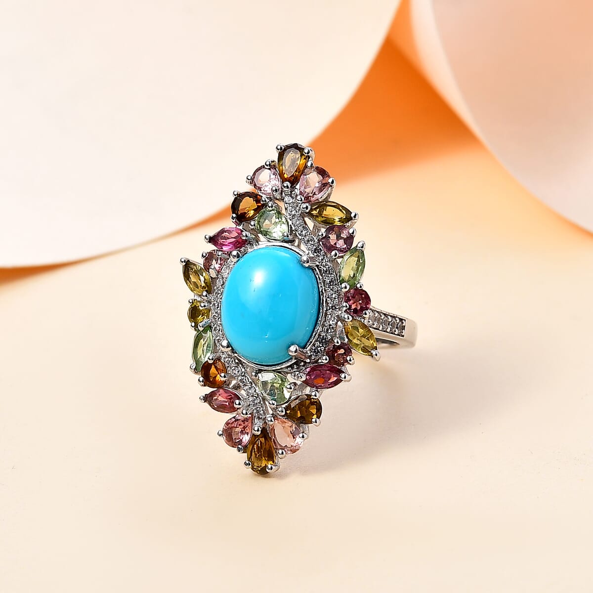 Premium Sleeping Beauty Turquoise and Multi Gemstone 7.90 ctw Forest Bloom Ring in Rhodium Over Sterling Silver (Size 6.0) image number 1