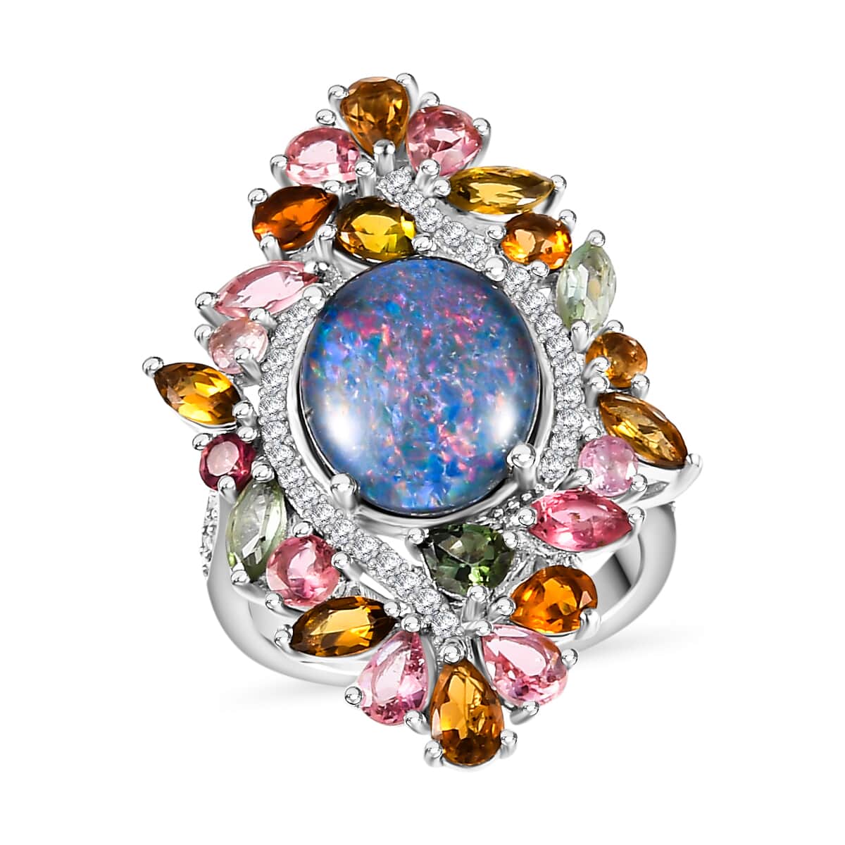 Premium Boulder Opal (Triplet) and Multi Gemstone 6.20 ctw Forest Bloom Ring in Rhodium Over Sterling Silver (Size 10.0) image number 0