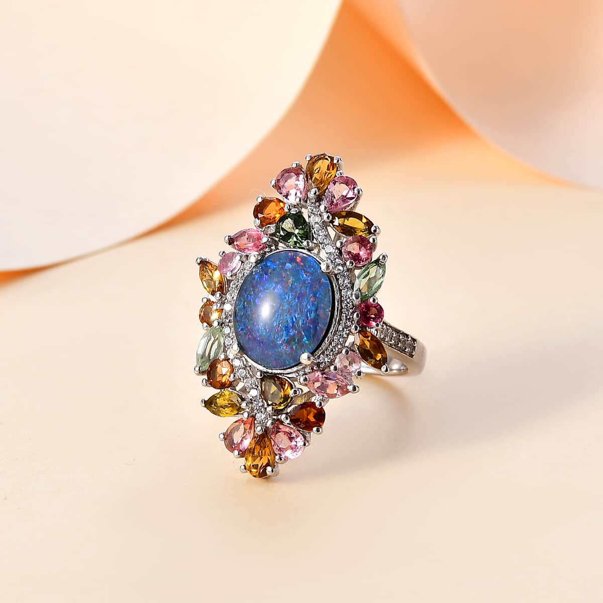 Premium Boulder Opal (Triplet) and Multi Gemstone 6.20 ctw Forest Bloom Ring in Rhodium Over Sterling Silver (Size 10.0) image number 1