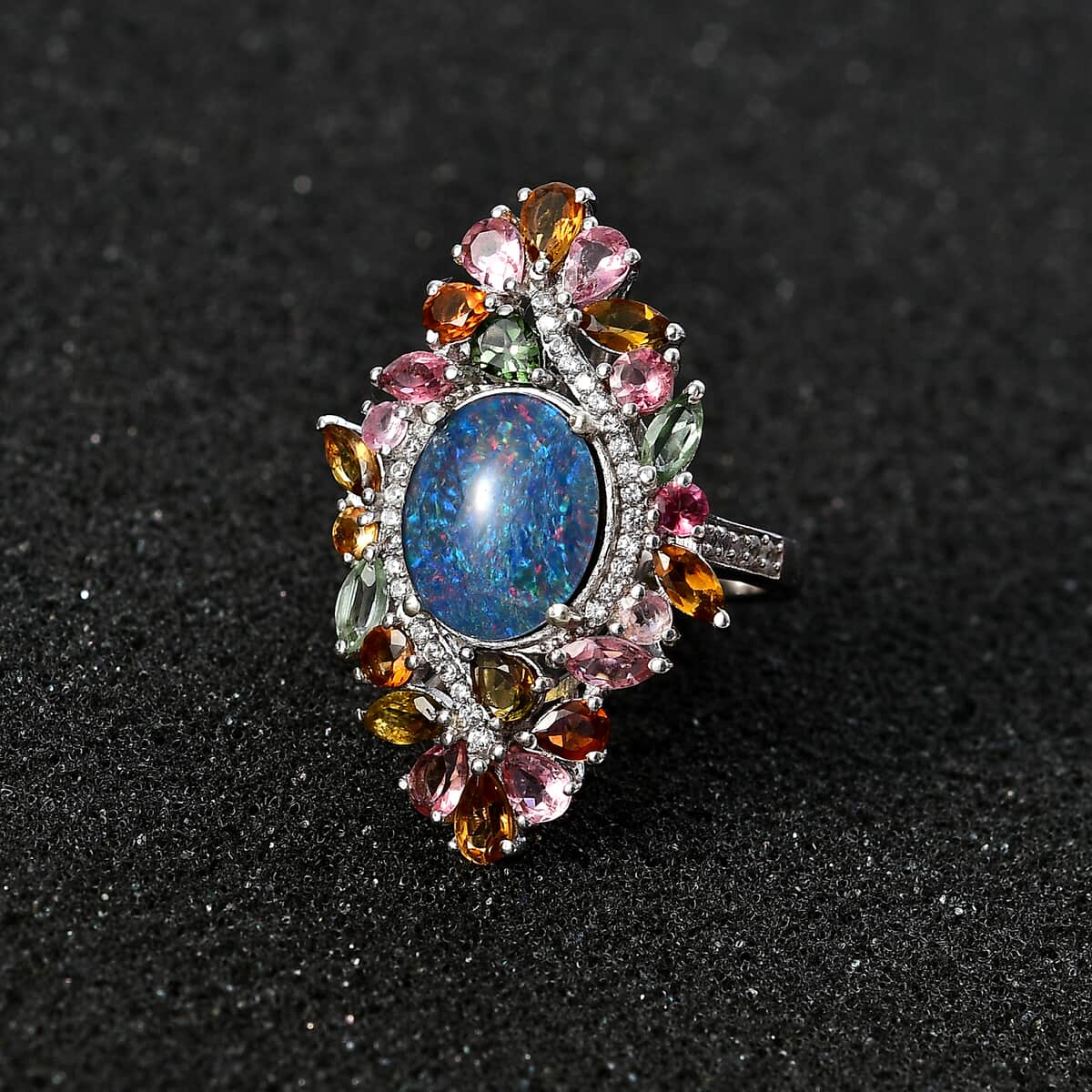 Premium Boulder Opal (Triplet) and Multi Gemstone 6.20 ctw Forest Bloom Ring in Rhodium Over Sterling Silver (Size 10.0) image number 2