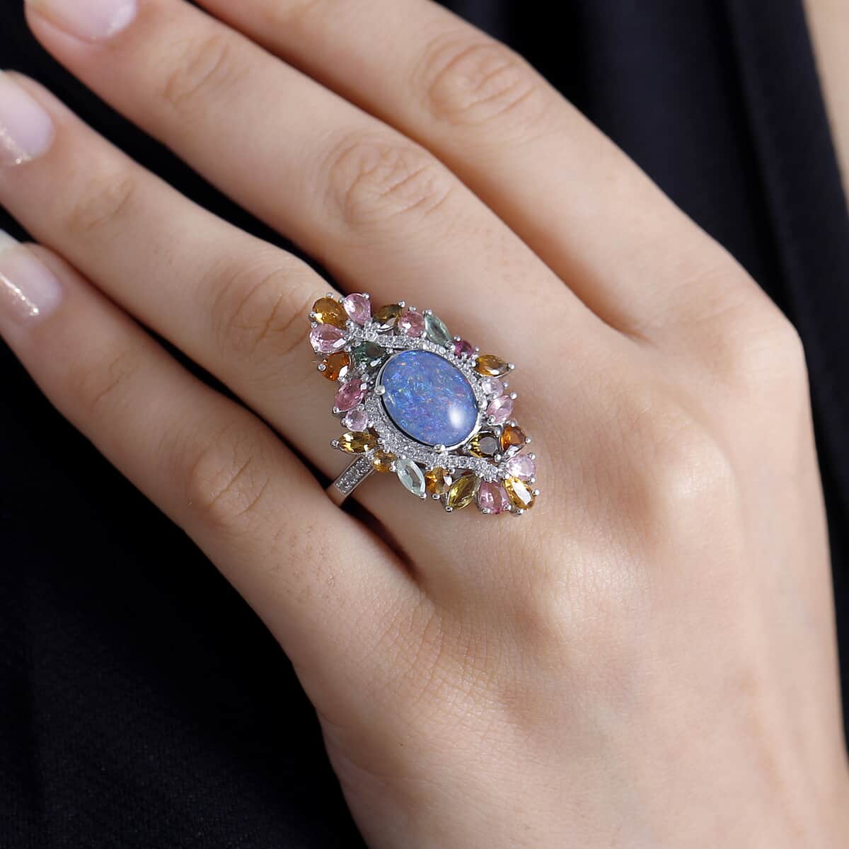 Premium Boulder Opal (Triplet) and Multi Gemstone 6.20 ctw Forest Bloom Ring in Rhodium Over Sterling Silver (Size 10.0) image number 3