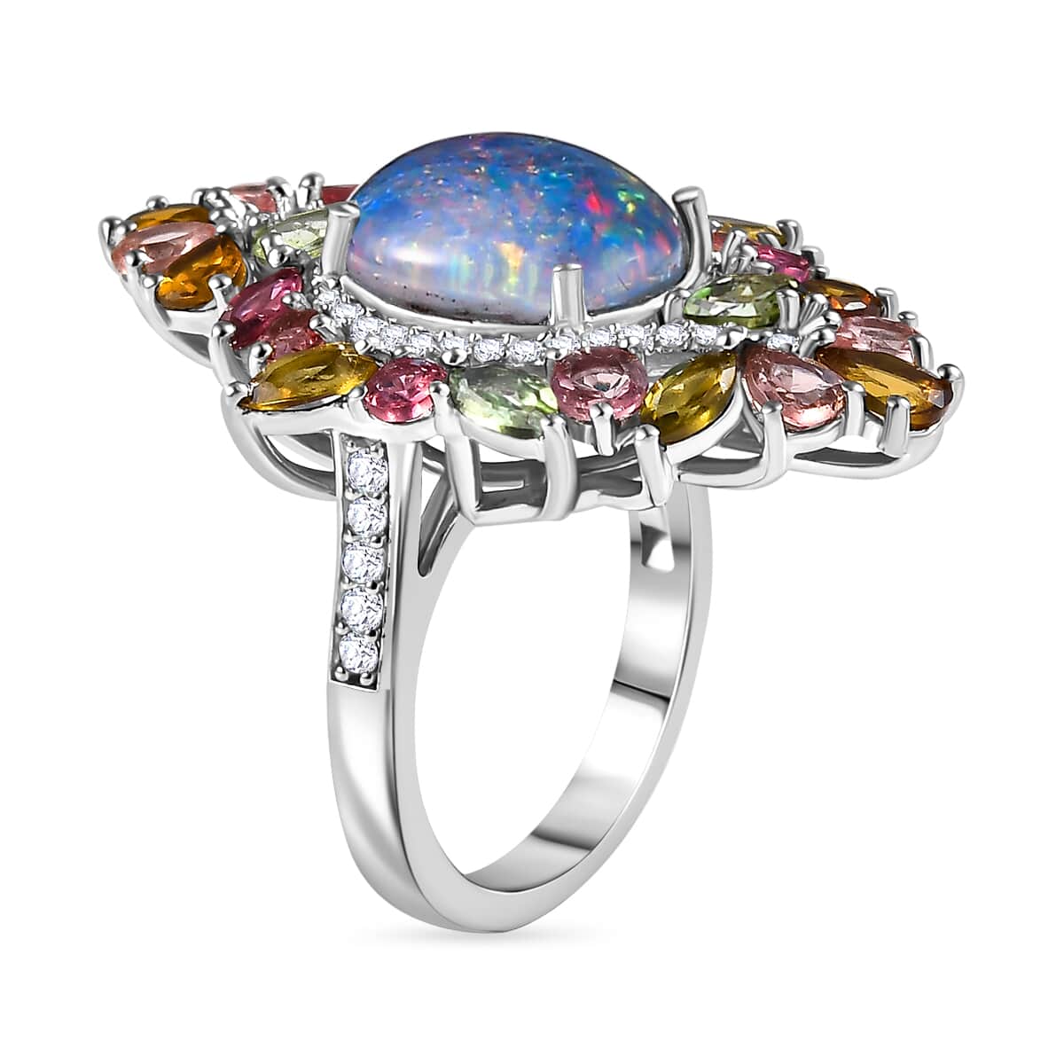 Premium Boulder Opal (Triplet) and Multi Gemstone 6.20 ctw Forest Bloom Ring in Rhodium Over Sterling Silver (Size 10.0) image number 4