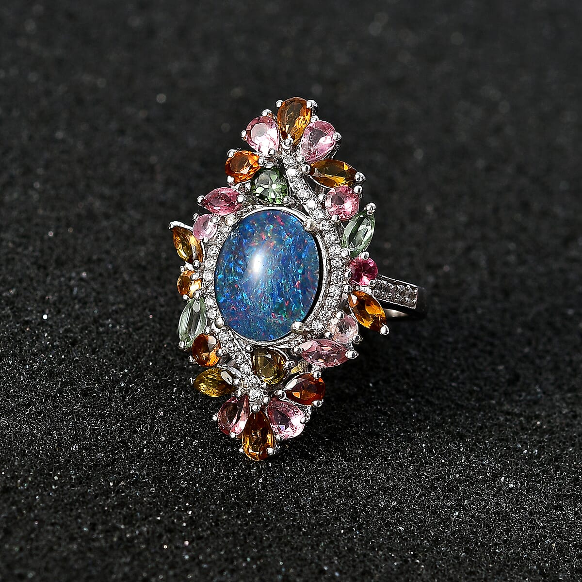 Premium Boulder Opal (Triplet) and Multi Gemstone 6.20 ctw Forest Bloom Ring in Rhodium Over Sterling Silver (Size 8.0) image number 2