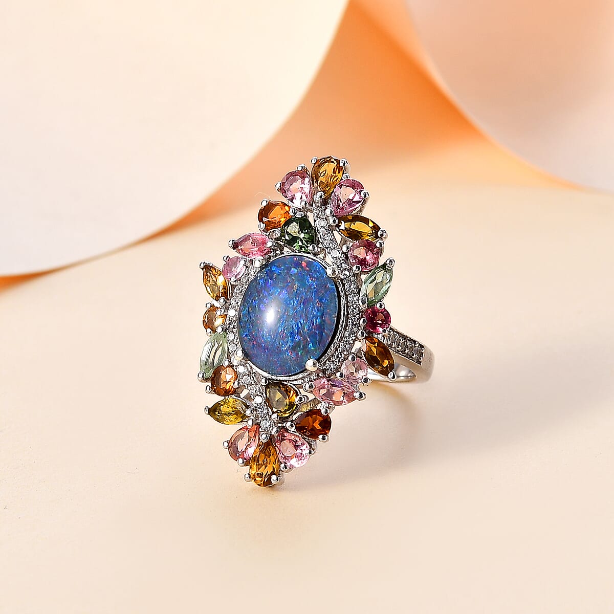 Premium Boulder Opal (Triplet) and Multi Gemstone 6.20 ctw Forest Bloom Ring in Rhodium Over Sterling Silver (Size 9.0) image number 1